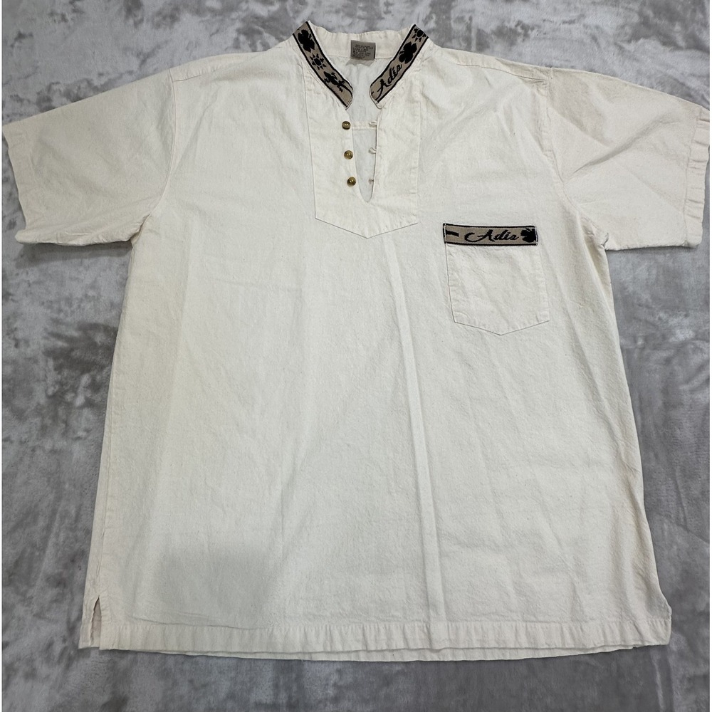 Adis Guayabera Shirt Men's Size XL White Raw Cotton Short Sleeve Pocket‎ EUC
